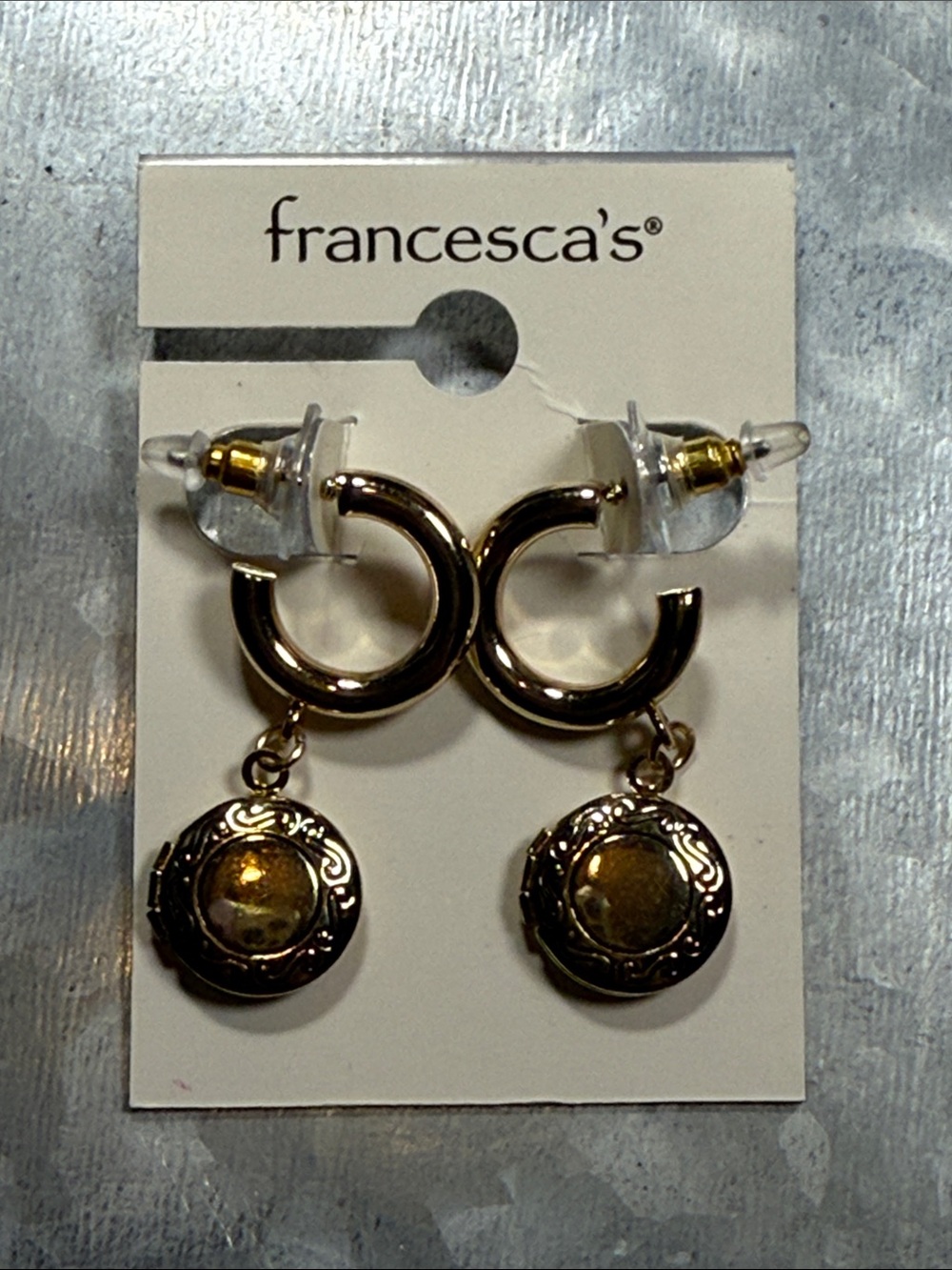 Francesca's Collections Two-Tone Gold Locket Medallion Hoop Drop Earrings